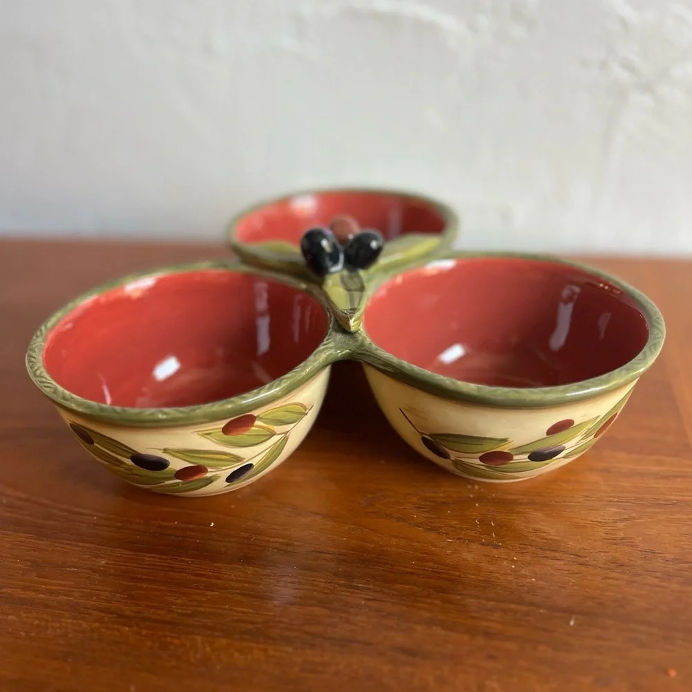 Clay Art Olive Triple Bowl Serving Dish Italian Style 3-Section Ceramic Tapas